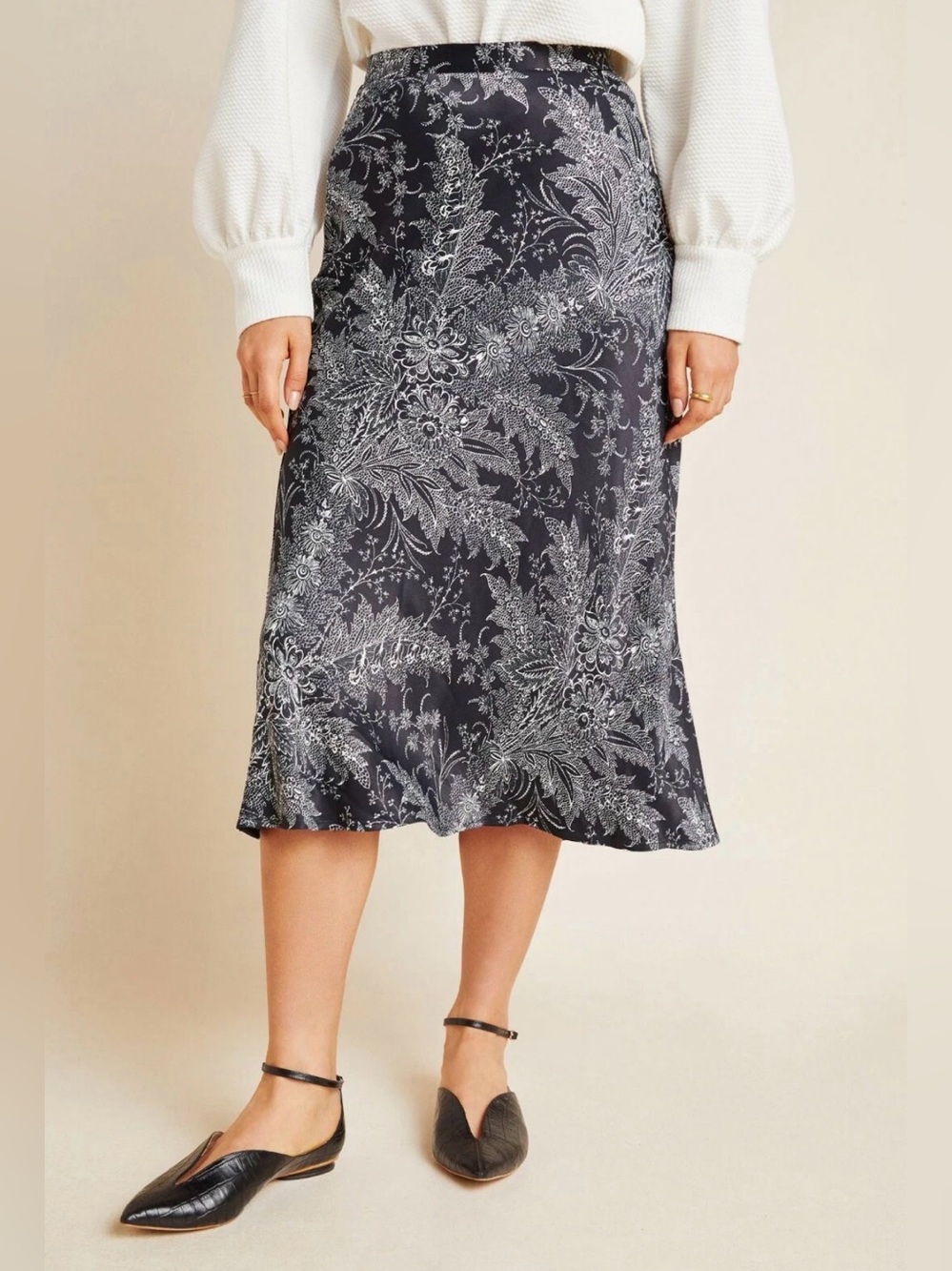 Anthropologie Maeve Bias Satin Midi Skirt Black White Paisley Floral - Sz 10 EUC